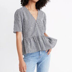 Madewell Crossover Peplum Top in Textured Gingham Check